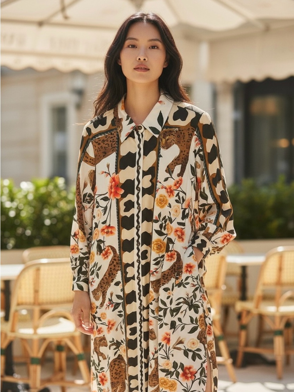 FARM Rio Ivory Maxi Dress with Brown Leopard and Orange Floral Motif
